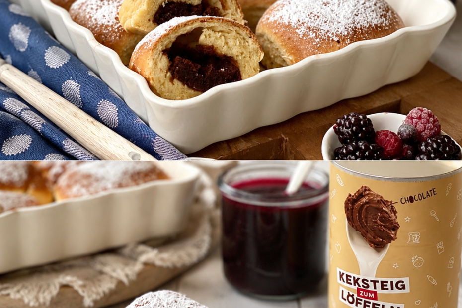Fluffige vegane Buchteln mit Puderzucker, cremiger Schoko-Keksfüllung und fruchtiger Waldbeerensauce auf einem Dessertteller angerichtet.