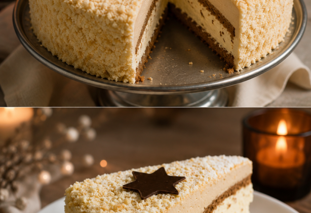 Winterliche Eierlikörtorte mit cremiger Eierlikör-Sahne, Schokoladenbiskuit, Biskuitkrümeln, Schokoladensternen und Puderzucker.