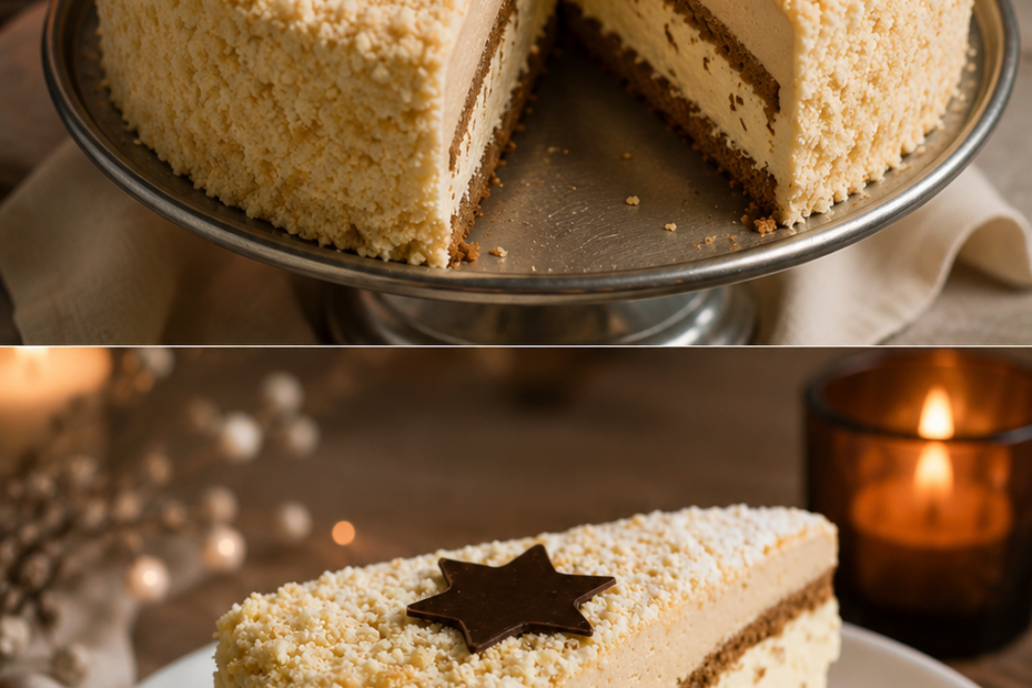 Winterliche Eierlikörtorte mit cremiger Eierlikör-Sahne, Schokoladenbiskuit, Biskuitkrümeln, Schokoladensternen und Puderzucker.