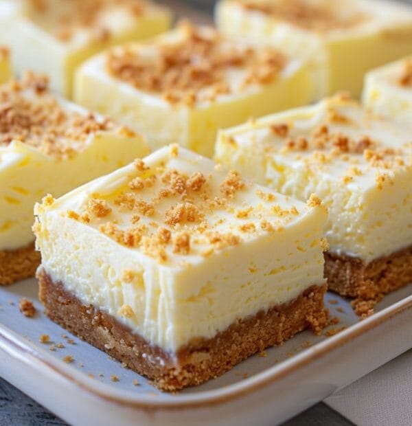 Zitronen-Käsekuchen-Würfel mit knusprigem Boden und cremiger Zitronenfüllung.“