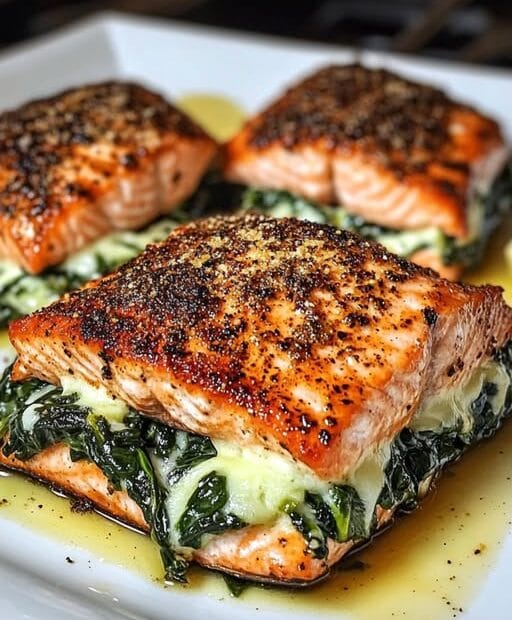 Gebratener Lachs gefüllt mit Spinat und Parmesan