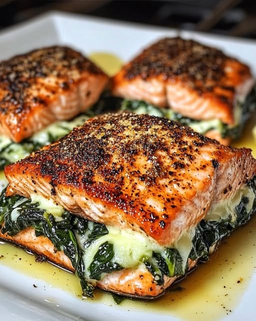 Gebratener Lachs gefüllt mit Spinat und Parmesan