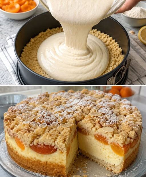 Cremiger Käsekuchen mit Aprikosen und knusprigen Butterstreuseln auf einer Kuchenplatte mit einem angeschnittenen Stück