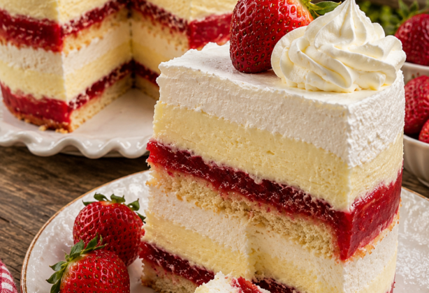 Cremige Erdbeertorte mit Vanillecreme, Sahneschichten und frischen Erdbeeren dekoriert
