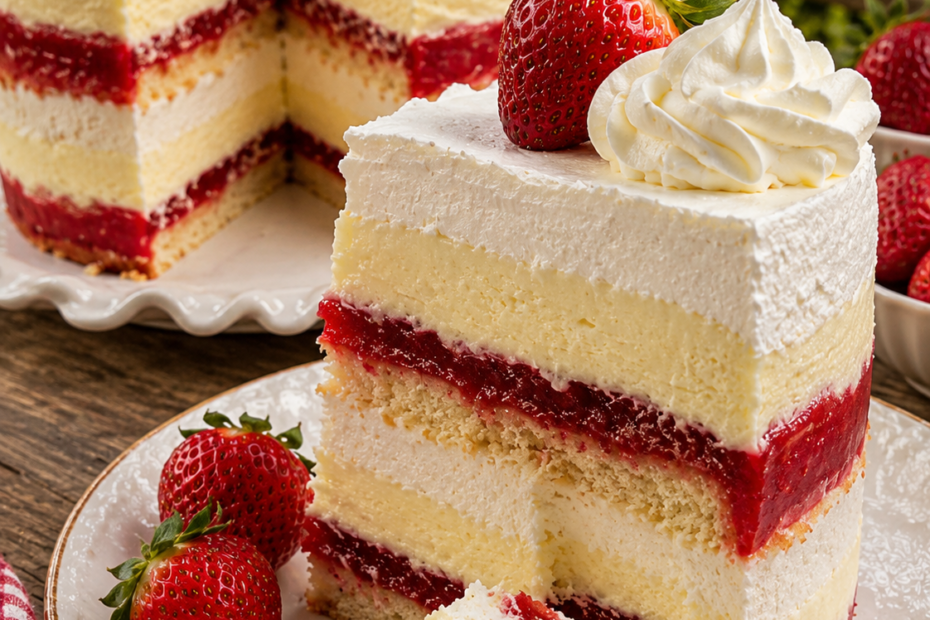 Cremige Erdbeertorte mit Vanillecreme, Sahneschichten und frischen Erdbeeren dekoriert