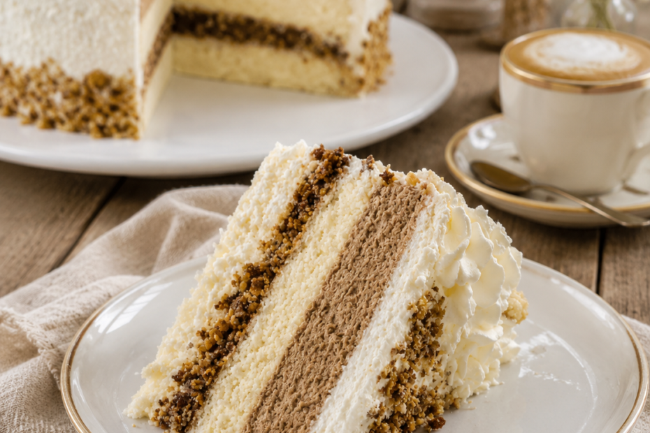 Monte Torte mit Haselnussboden, Vanillecreme, Schokoladenschicht und Sahnedekoration