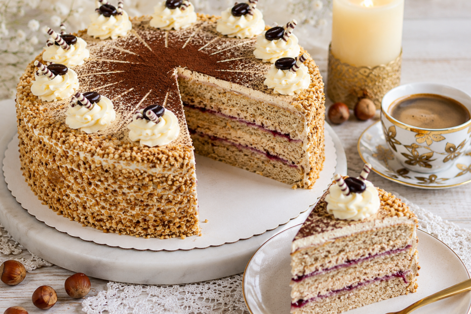 Cappuccino-Haselnuss-Torte mit Sahnecreme, Haselnusskrokant und Schokoladendekoration
