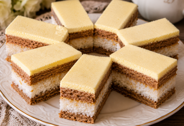 Apfel-Kokos-Kuchen mit Kakaoschichten, Kokosfüllung und saftiger Apfelschicht auf einer Kuchenplatte