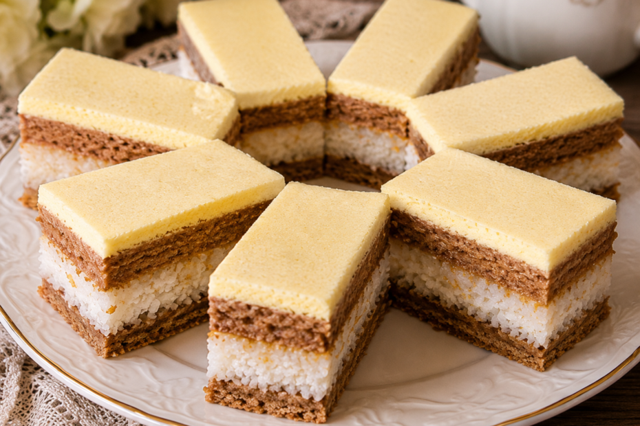 Apfel-Kokos-Kuchen mit Kakaoschichten, Kokosfüllung und saftiger Apfelschicht auf einer Kuchenplatte