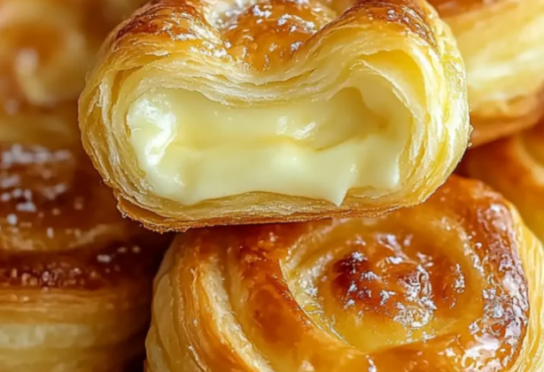 Knusprige Mini Cheese Danish mit cremiger Frischkäsefüllung und Zuckerglasur auf einem Holztablett angerichtet