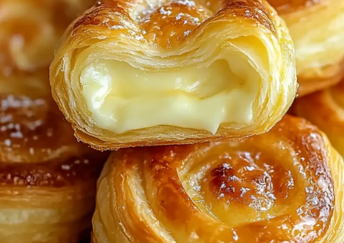 Knusprige Mini Cheese Danish mit cremiger Frischkäsefüllung und Zuckerglasur auf einem Holztablett angerichtet