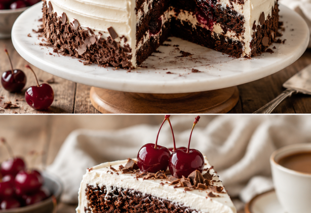 Original Schwarzwälder Kirschtorte mit Schokoladenbiskuit, Schlagsahne, Kirschen und Schokoladenraspeln