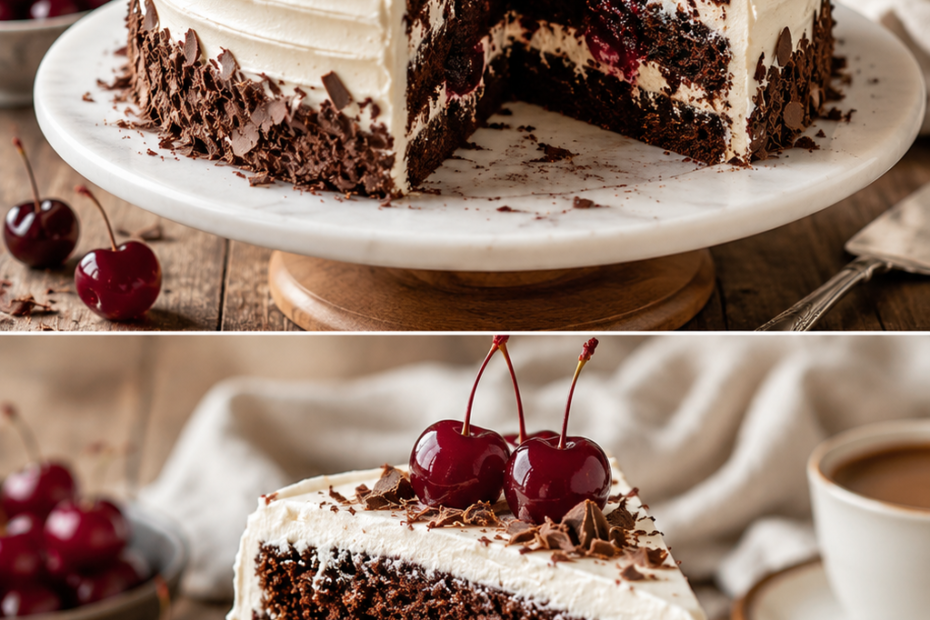 Original Schwarzwälder Kirschtorte mit Schokoladenbiskuit, Schlagsahne, Kirschen und Schokoladenraspeln