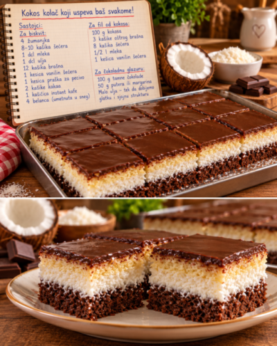 🍫 Kokos kocke s čokoladnom glazurom – sočan kolač s tri neodoljiva sloja! ❤️