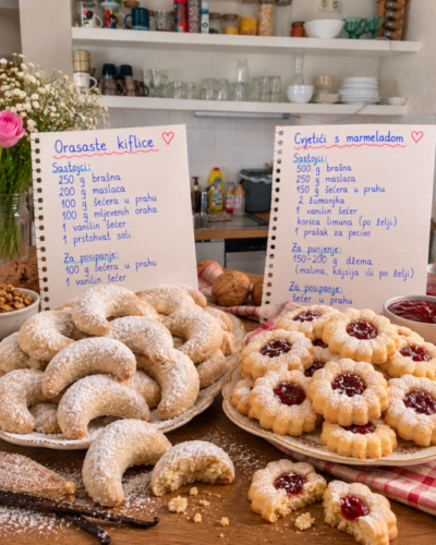 Dva starinska suha kolača koja se tope u ustima – orasaste kiflice i cvjetići s marmeladom!