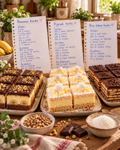 🍰 Tri kremasta kolača koja osvajaju na prvi zalogaj – banana kocke, pijesak torta i brze ledene kocke! ❤️