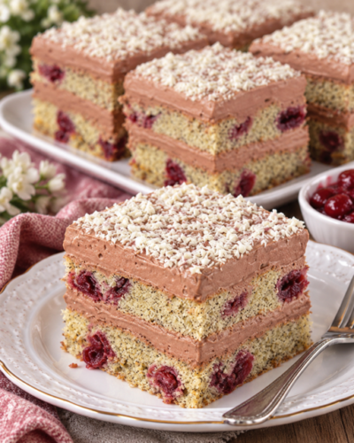 Čokoladni kolač s višnjama, makom i puding kremom